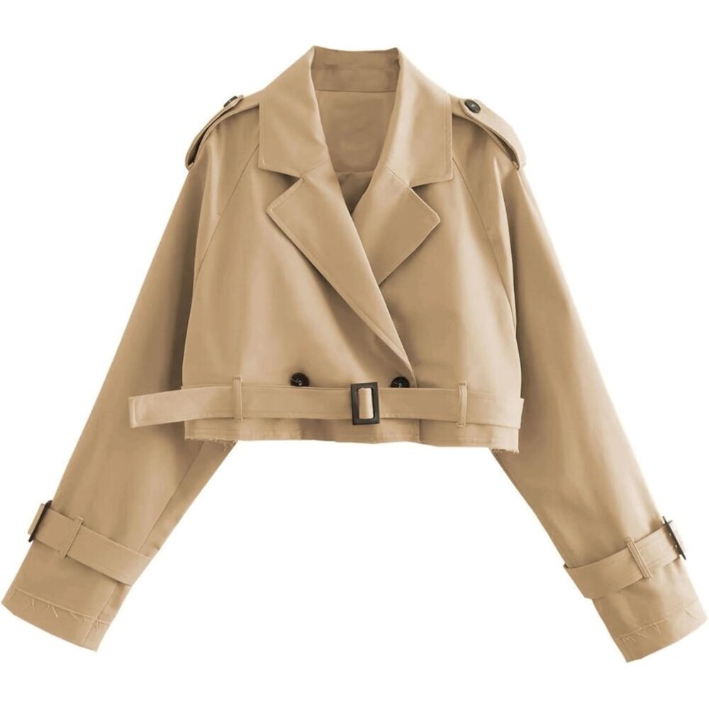 Women's Cropped Bike Jacket Casual Double Breasted Trench Coat with Belt Khaki